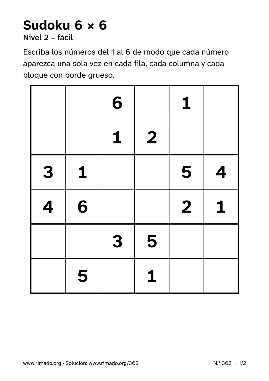 Vista previa de la hoja impresa: Sudoku 6 × 6, n.º 302