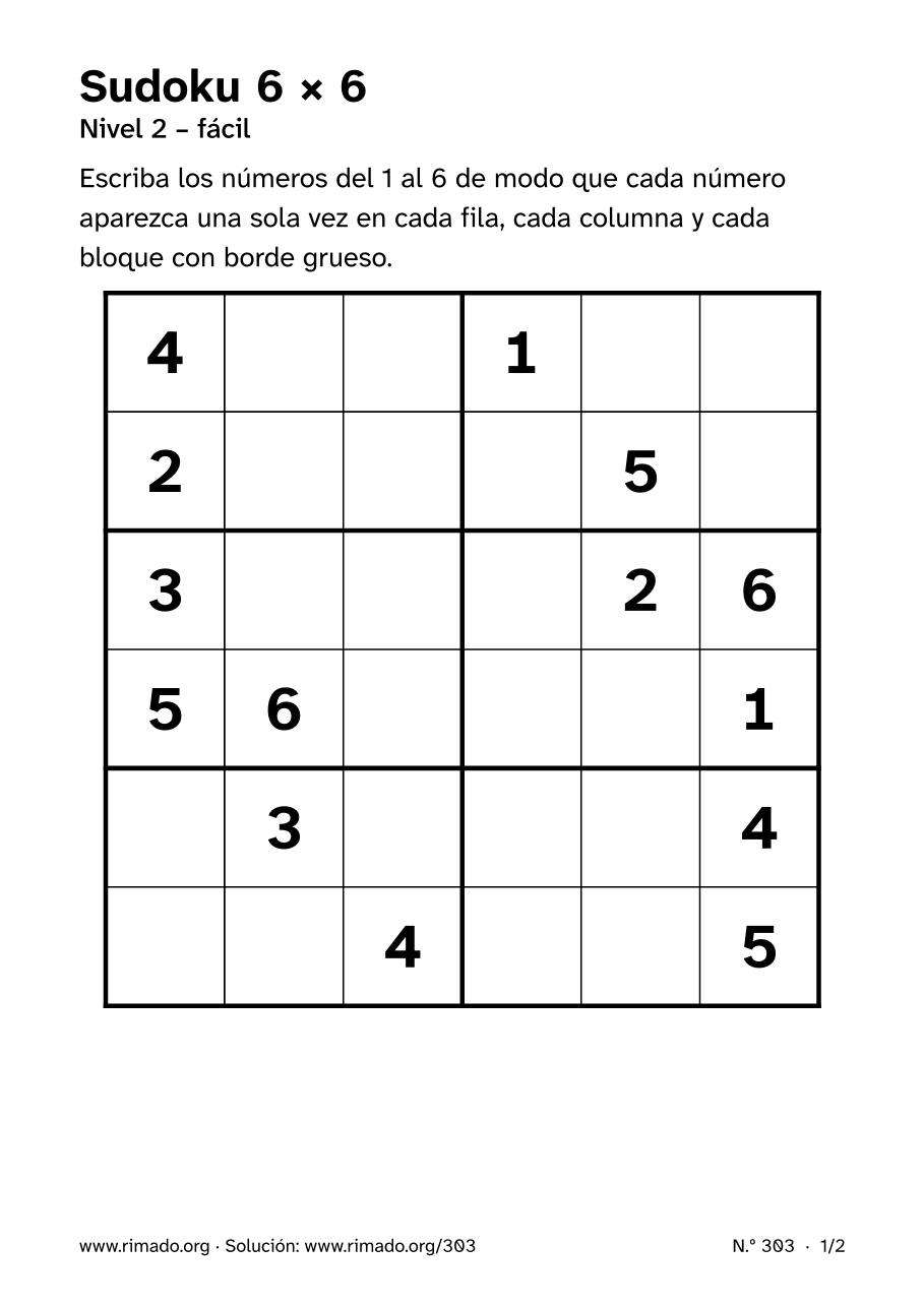 Vista previa de la hoja impresa: Sudoku 6 × 6, n.º 303