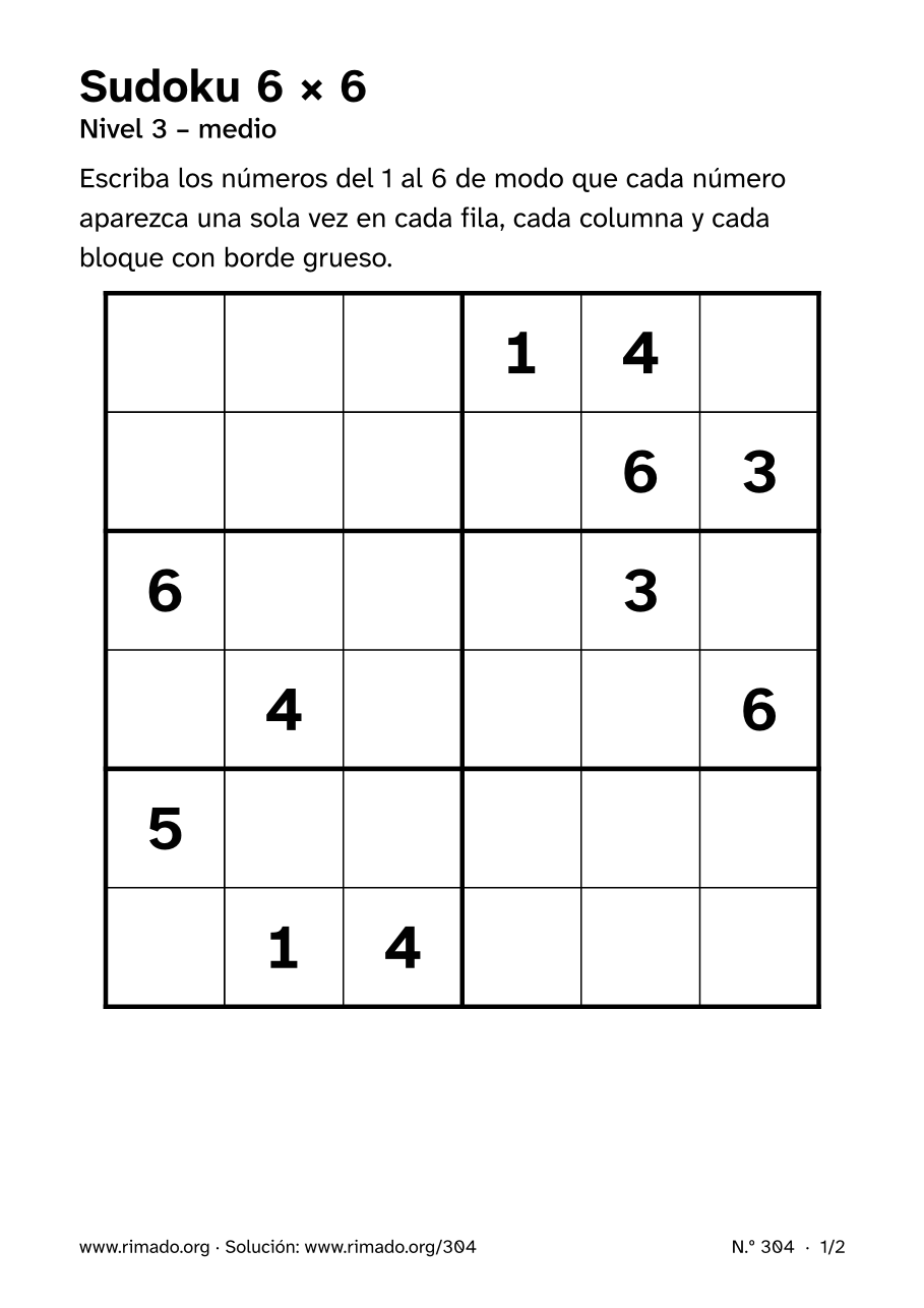 Vista previa de la hoja impresa: Sudoku 6 × 6, n.º 304