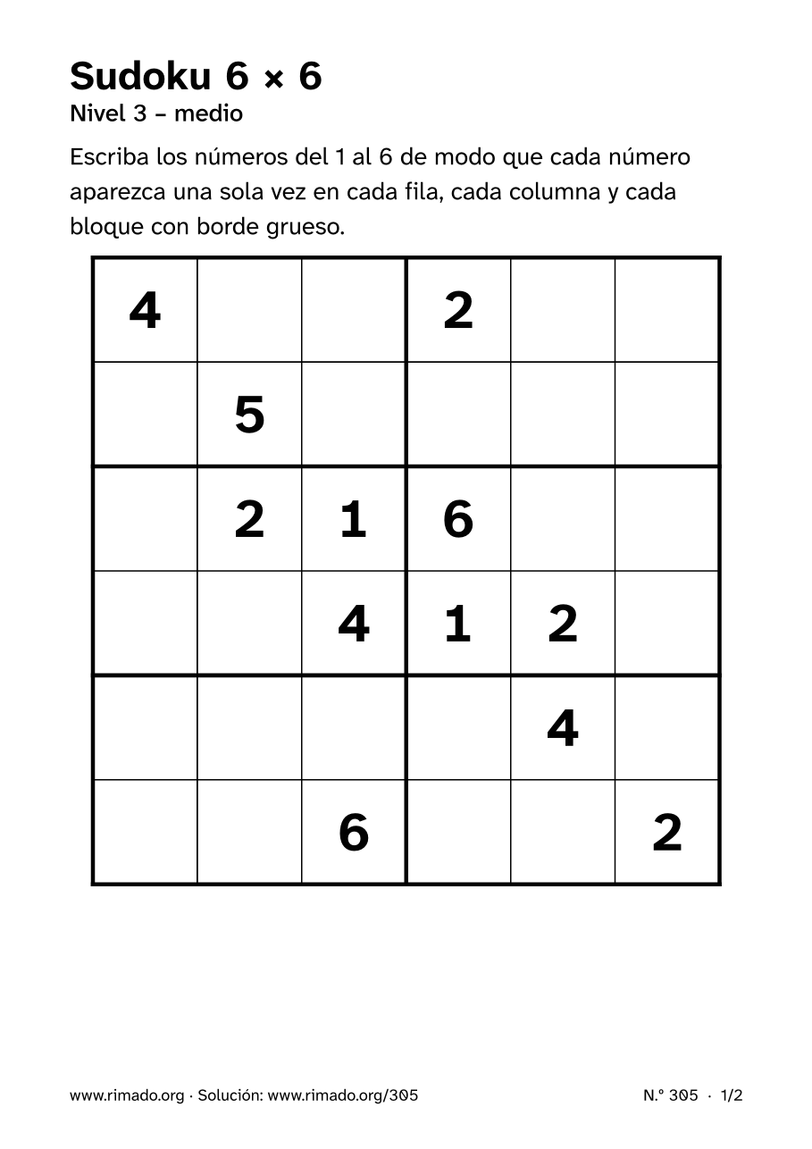 Vista previa de la hoja impresa: Sudoku 6 × 6, n.º 305
