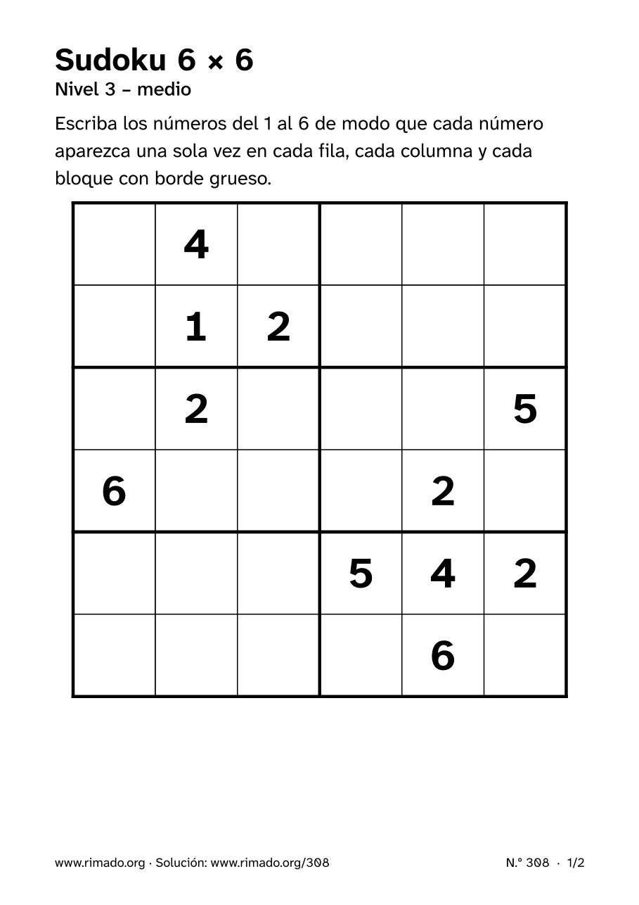 Vista previa de la hoja impresa: Sudoku 6 × 6, n.º 308