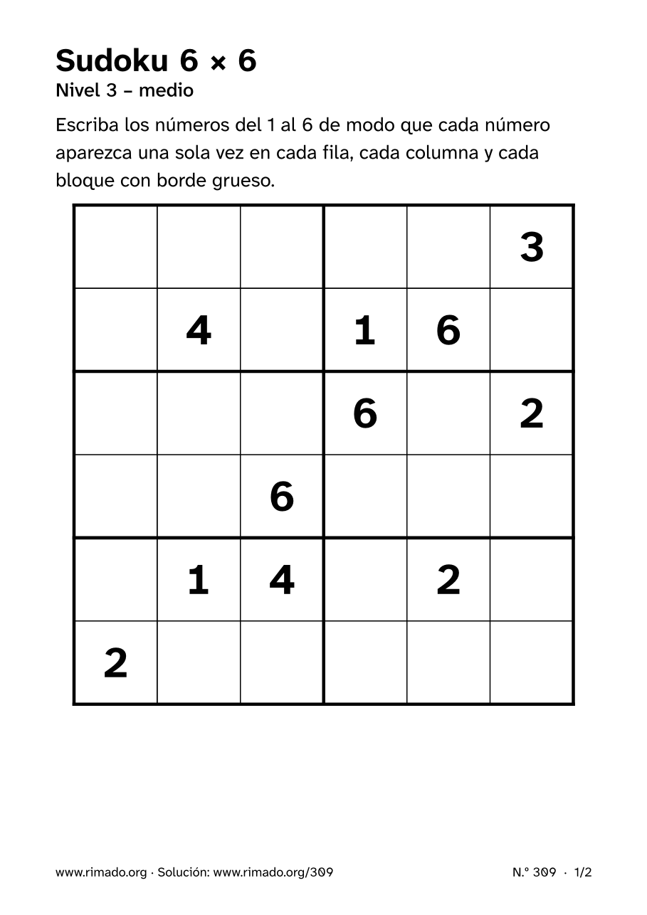 Vista previa de la hoja impresa: Sudoku 6 × 6, n.º 309