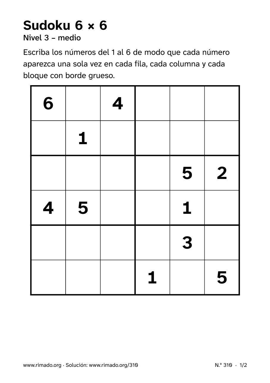 Vista previa de la hoja impresa: Sudoku 6 × 6, n.º 310