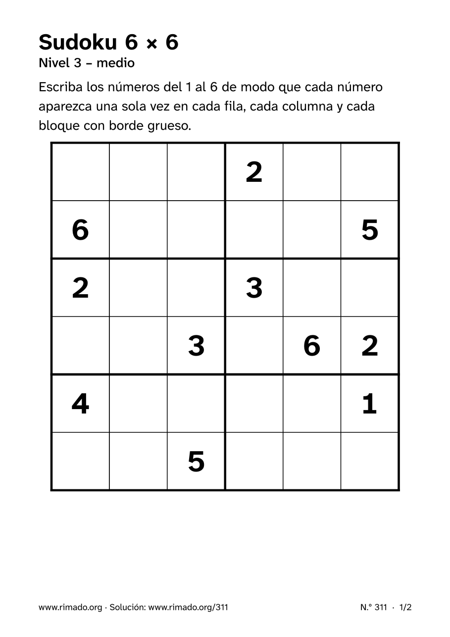Vista previa de la hoja impresa: Sudoku 6 × 6, n.º 311