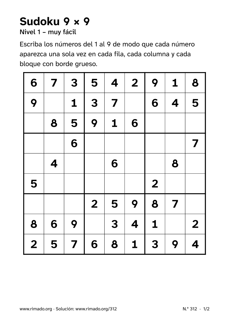 Vista previa de la hoja impresa: Sudoku 9 × 9, n.º 312