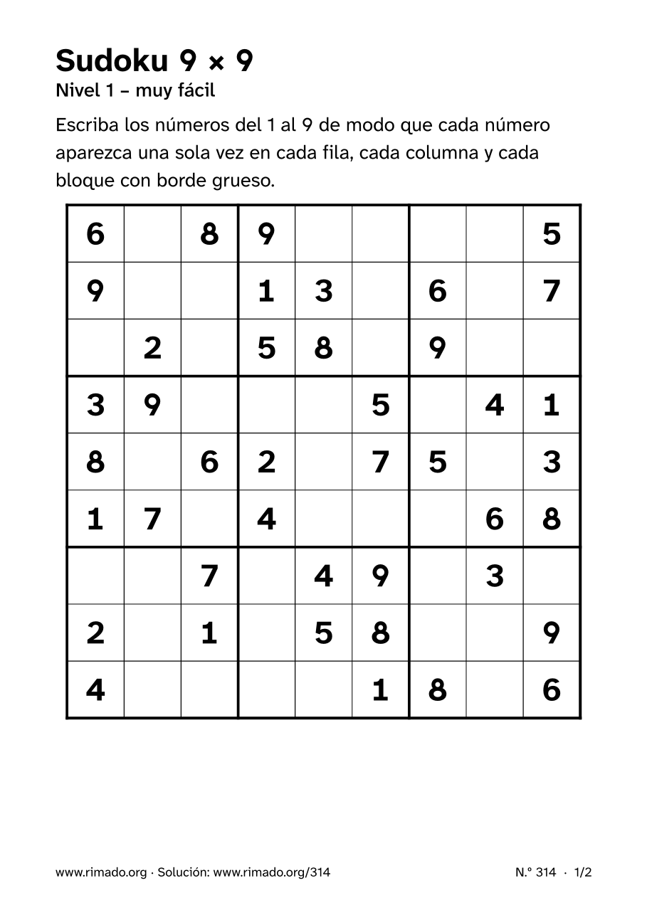 Vista previa de la hoja impresa: Sudoku 9 × 9, n.º 314