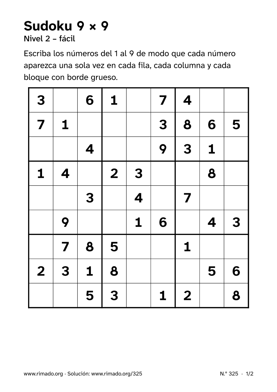 Vista previa de la hoja impresa: Sudoku 9 × 9, n.º 325