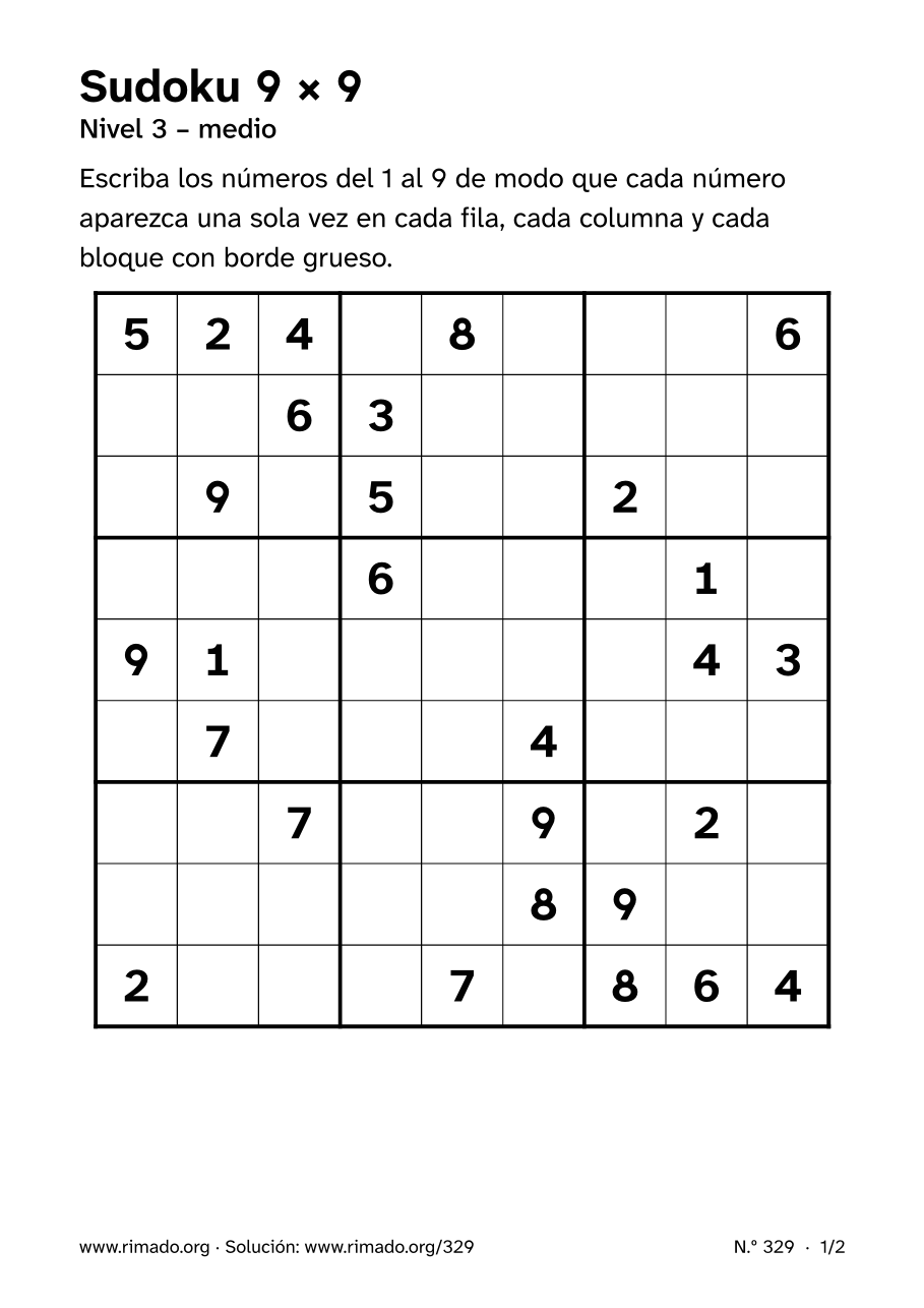 Vista previa de la hoja impresa: Sudoku 9 × 9, n.º 329
