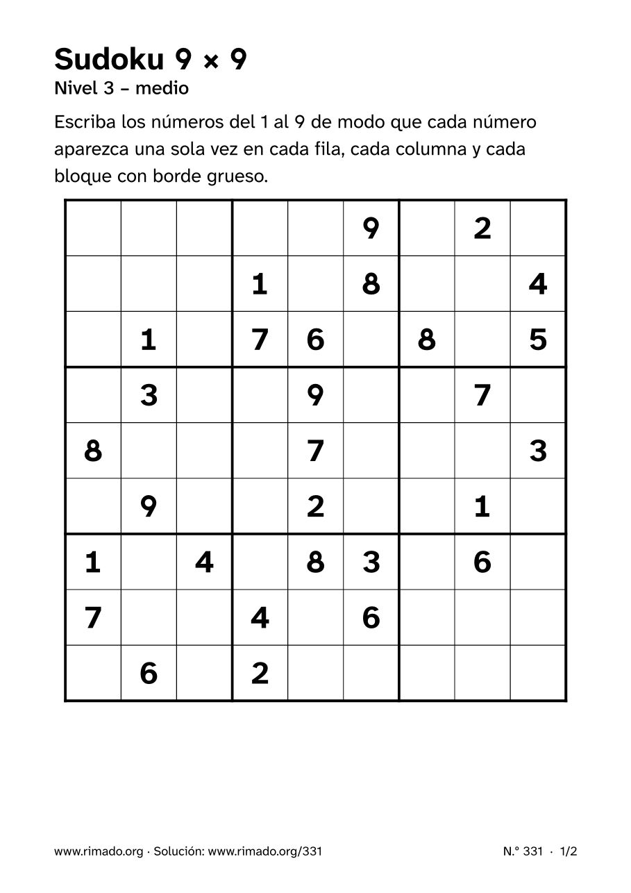 Vista previa de la hoja impresa: Sudoku 9 × 9, n.º 331