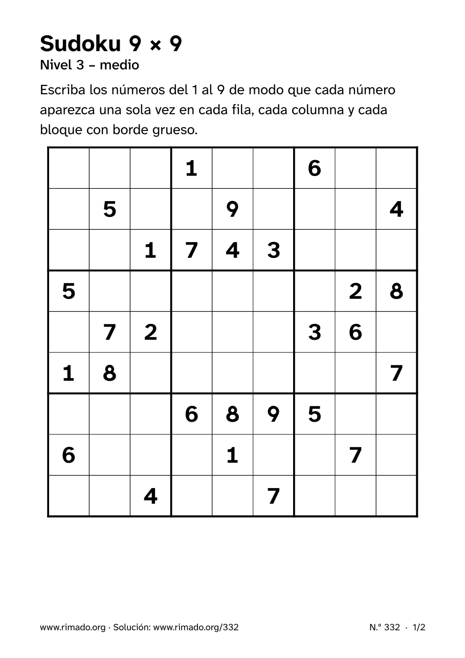 Vista previa de la hoja impresa: Sudoku 9 × 9, n.º 332