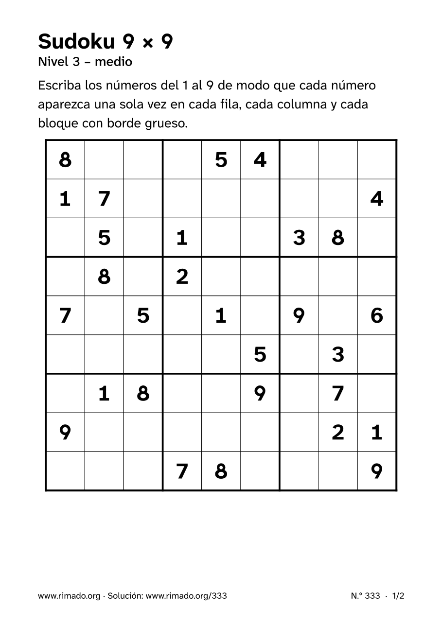 Vista previa de la hoja impresa: Sudoku 9 × 9, n.º 333