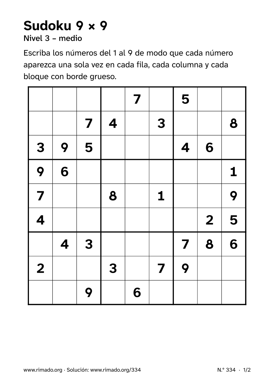 Vista previa de la hoja impresa: Sudoku 9 × 9, n.º 334