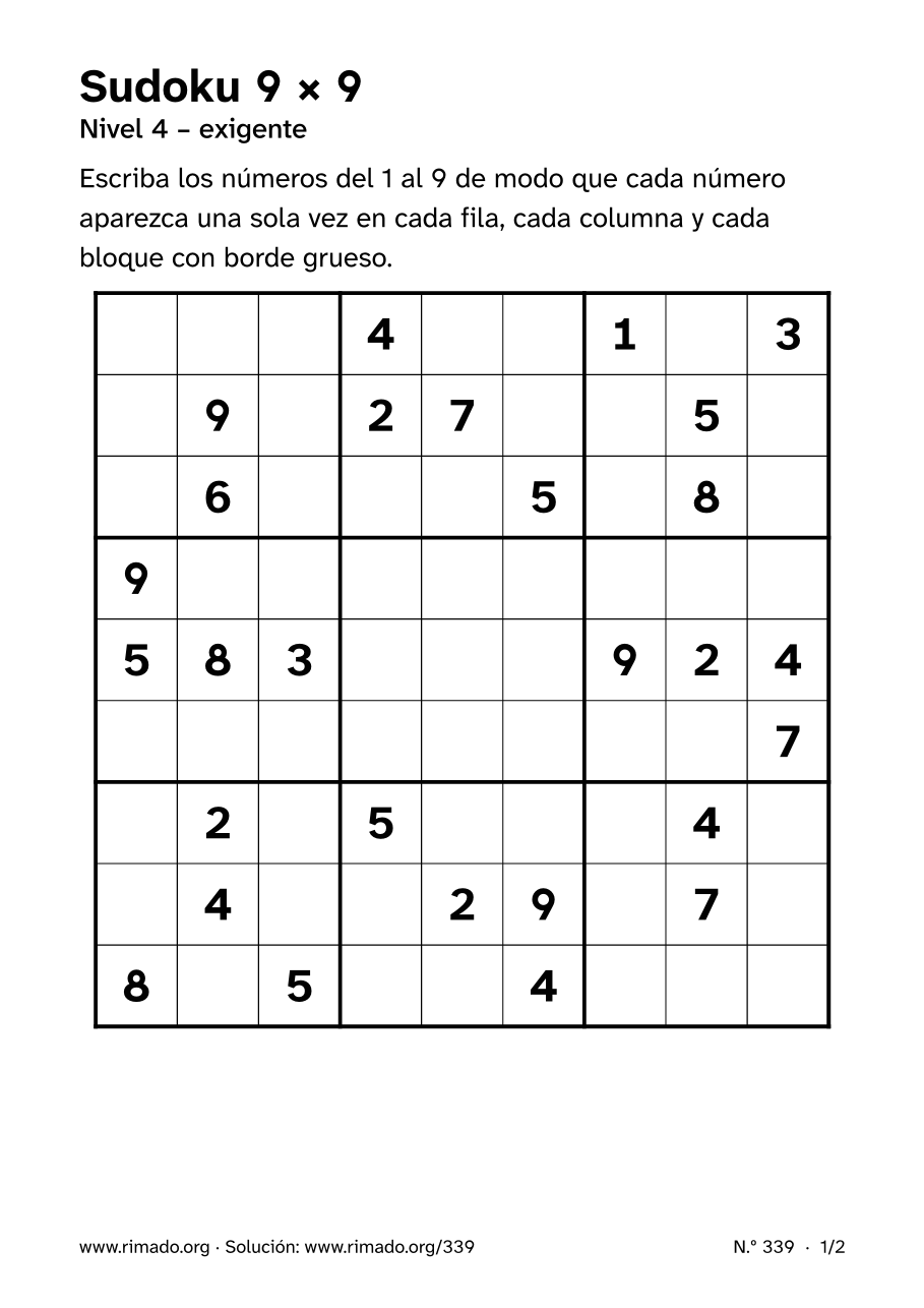 Vista previa de la hoja impresa: Sudoku 9 × 9, n.º 339