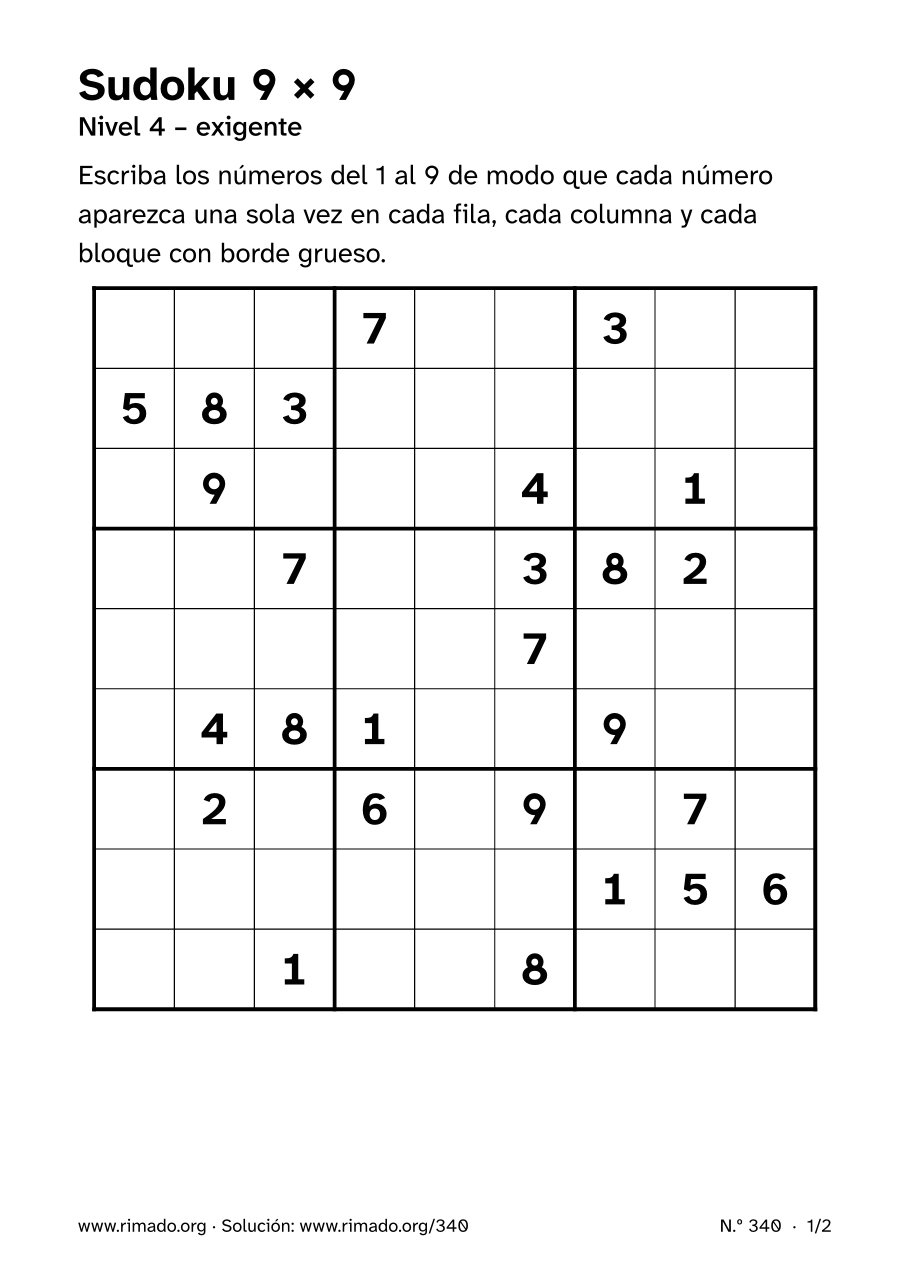 Vista previa de la hoja impresa: Sudoku 9 × 9, n.º 340