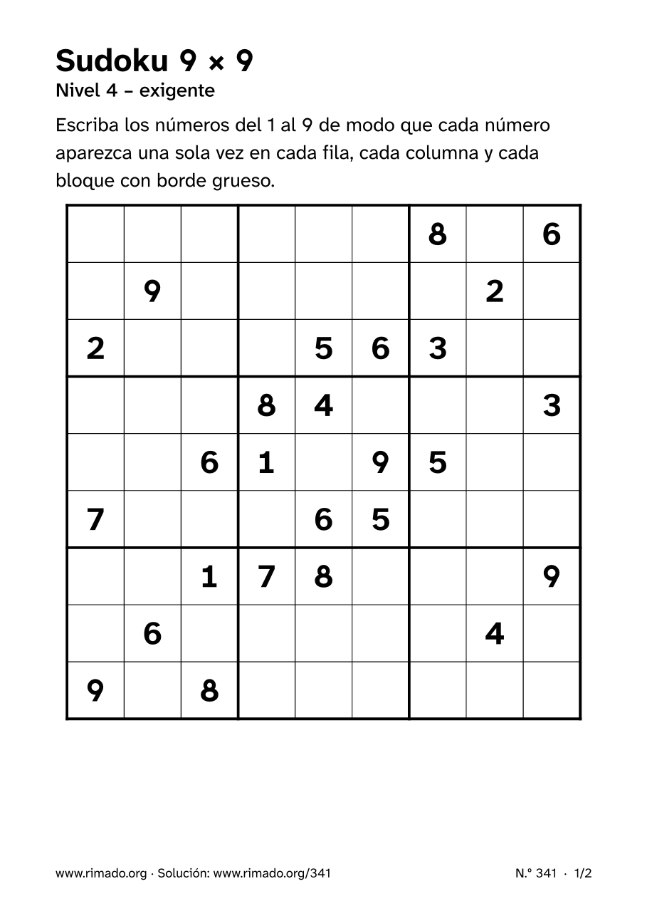 Vista previa de la hoja impresa: Sudoku 9 × 9, n.º 341