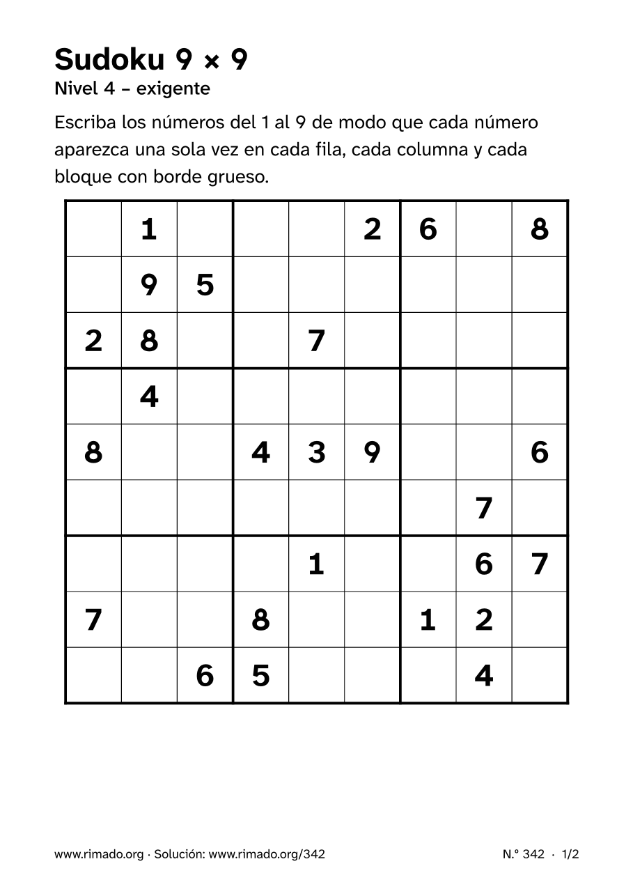 Vista previa de la hoja impresa: Sudoku 9 × 9, n.º 342