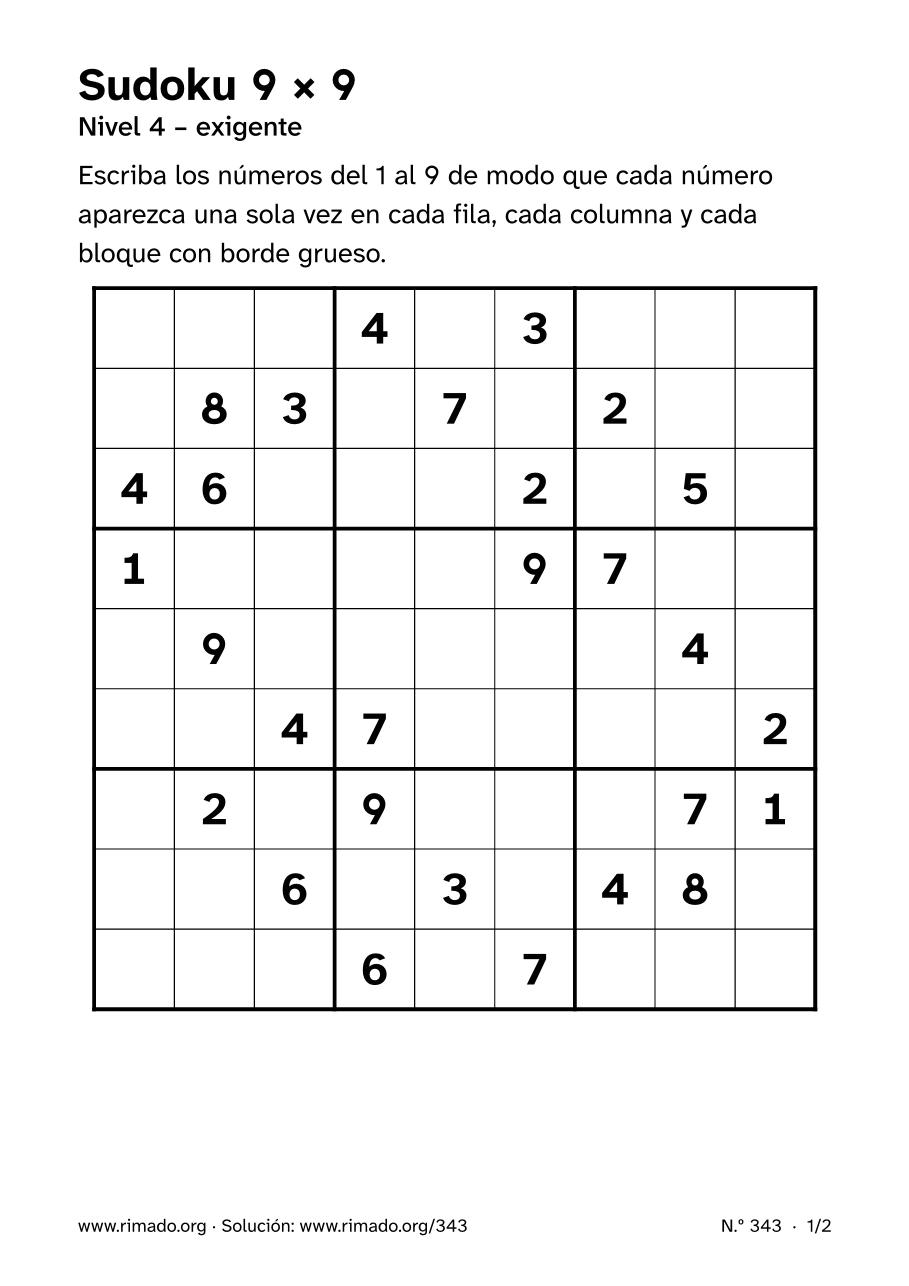 Vista previa de la hoja impresa: Sudoku 9 × 9, n.º 343