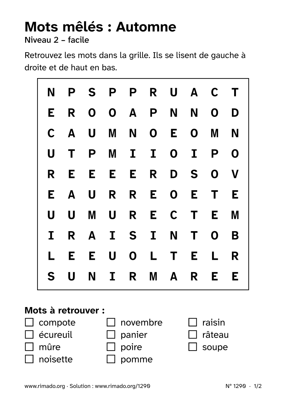 Aperçu de la feuille imprimée : Mots mêlés « Automne », nº 1290