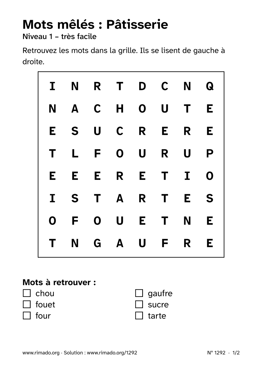 Aperçu de la feuille imprimée : Mots mêlés « Pâtisserie », nº 1292