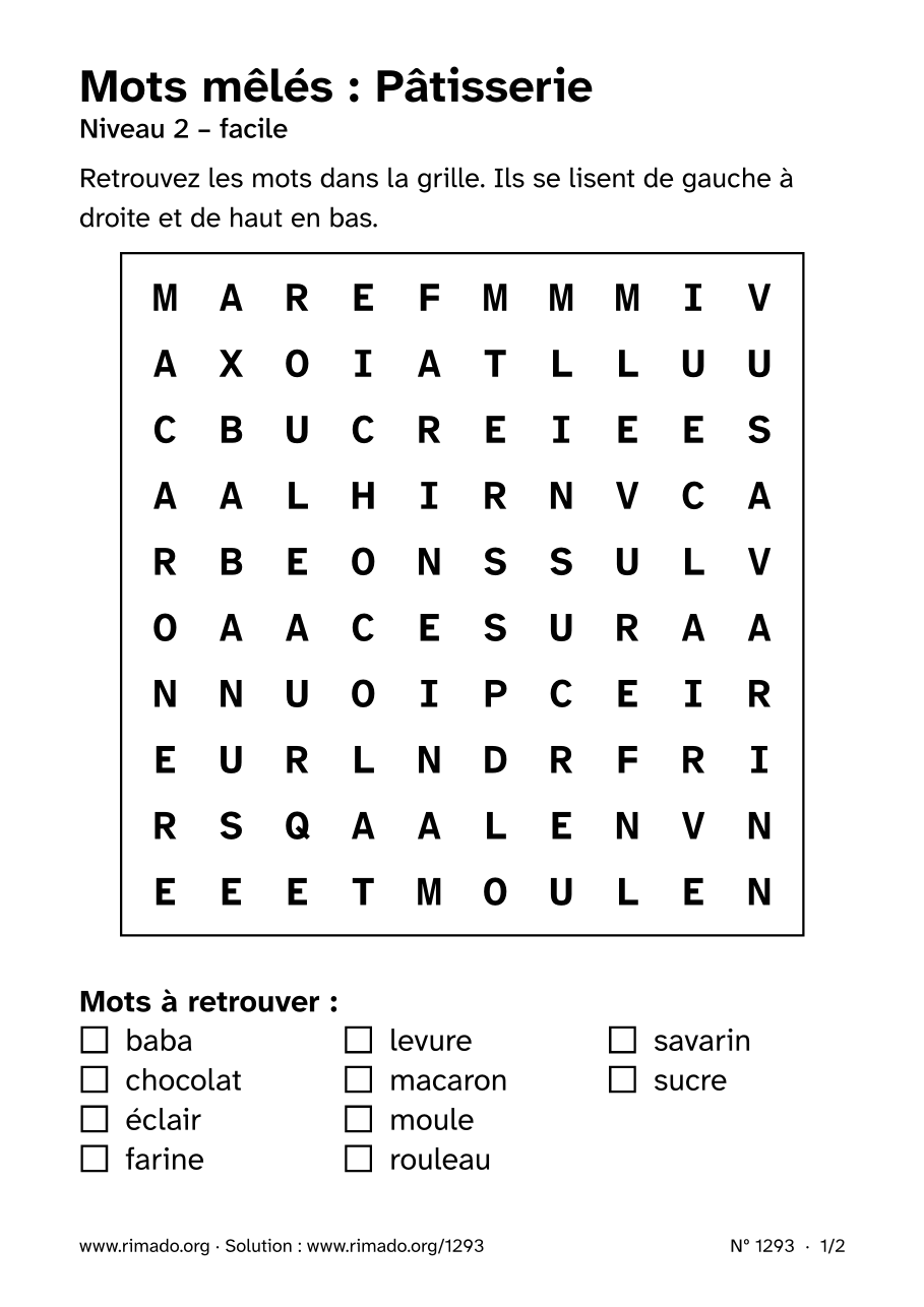 Aperçu de la feuille imprimée : Mots mêlés « Pâtisserie », nº 1293