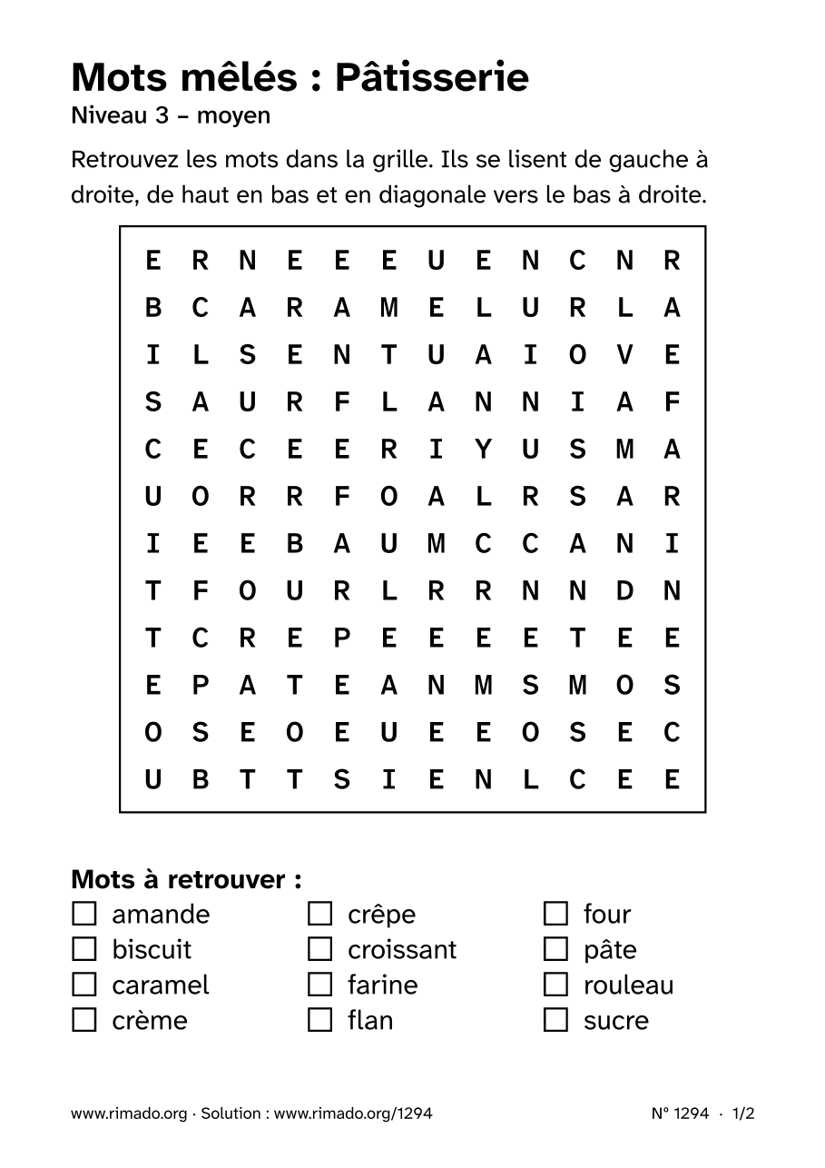 Aperçu de la feuille imprimée : Mots mêlés « Pâtisserie », nº 1294