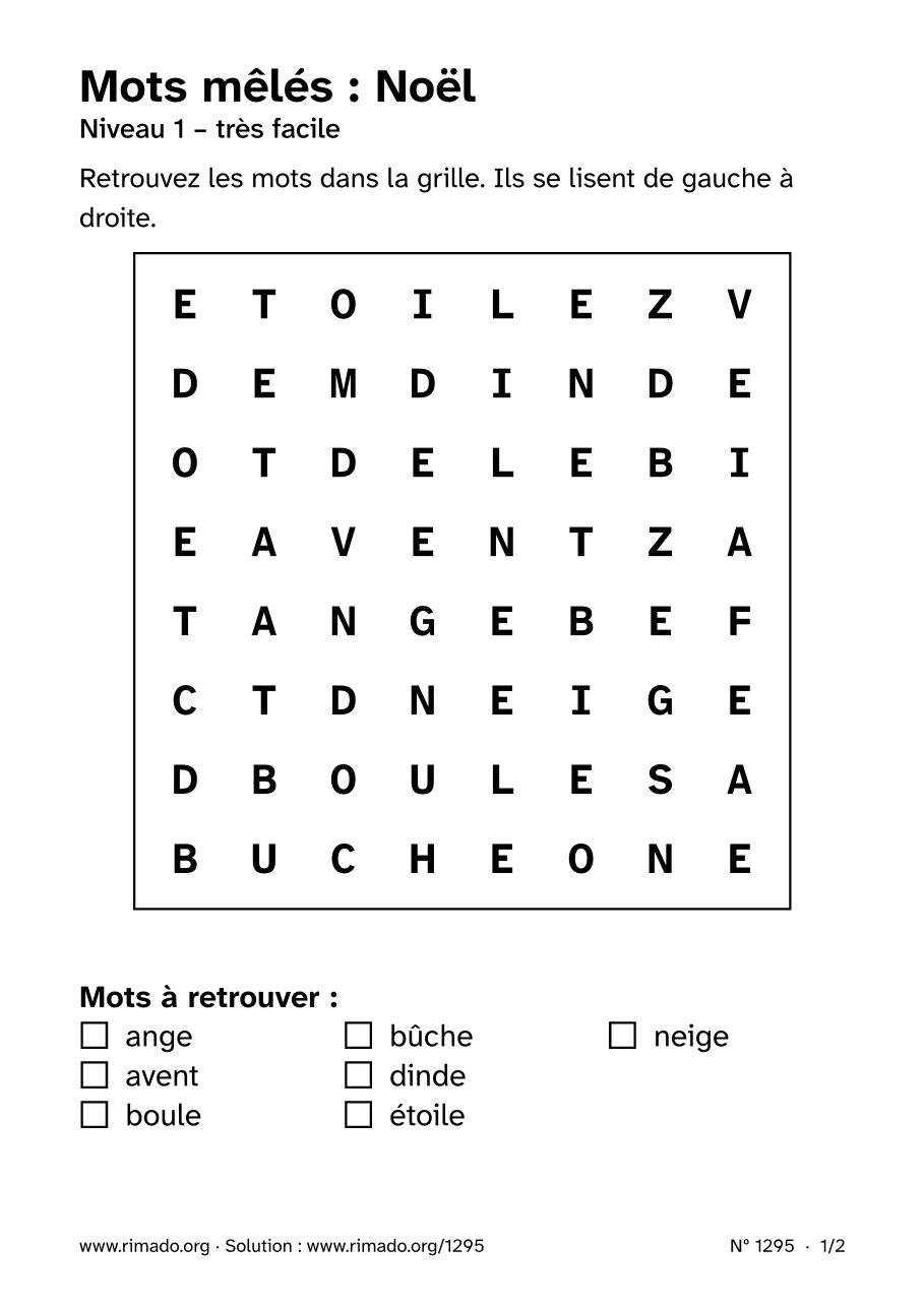 Aperçu de la feuille imprimée : Mots mêlés « Noël », nº 1295