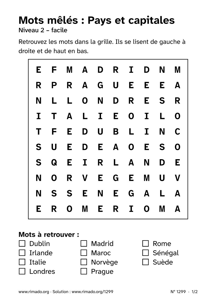 Aperçu de la feuille imprimée : Mots mêlés « Pays et capitales », nº 1299