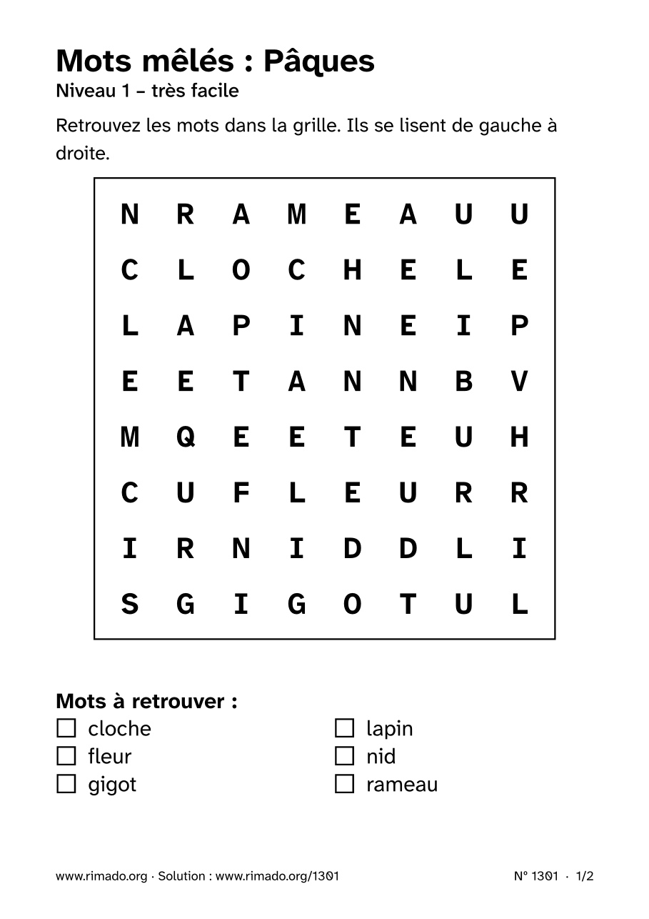 Aperçu de la feuille imprimée : Mots mêlés « Pâques », nº 1301