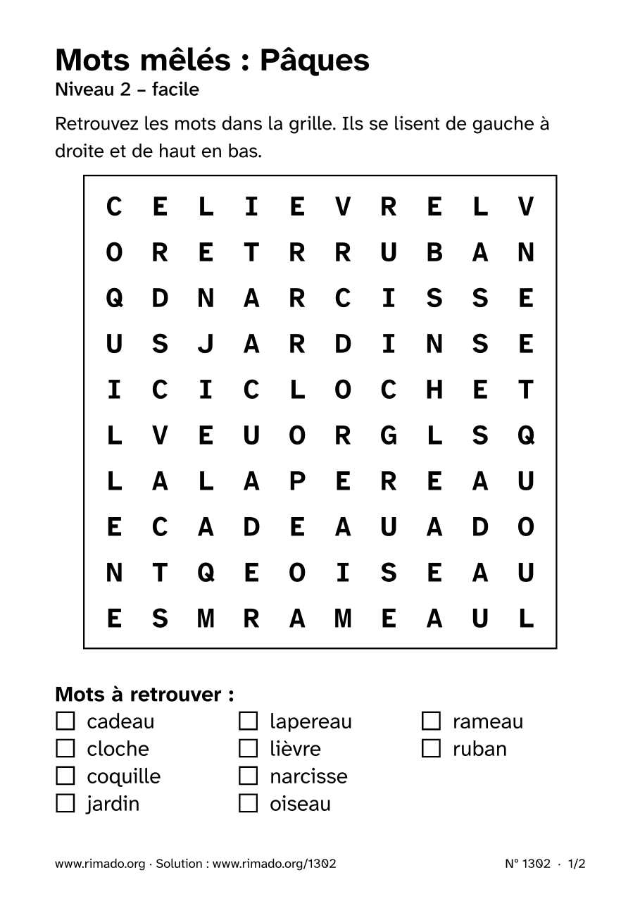 Aperçu de la feuille imprimée : Mots mêlés « Pâques », nº 1302