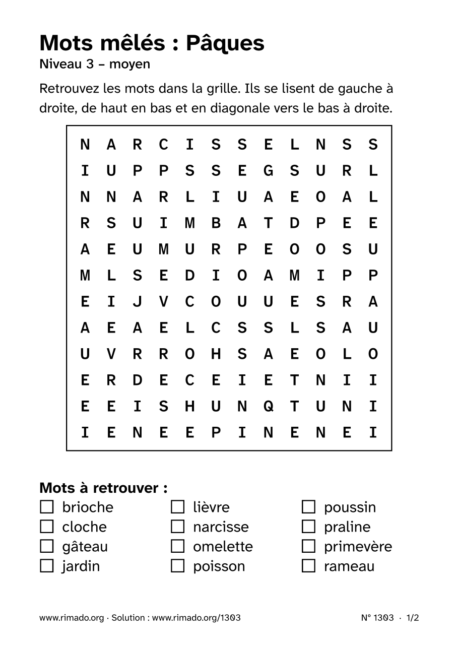 Aperçu de la feuille imprimée : Mots mêlés « Pâques », nº 1303