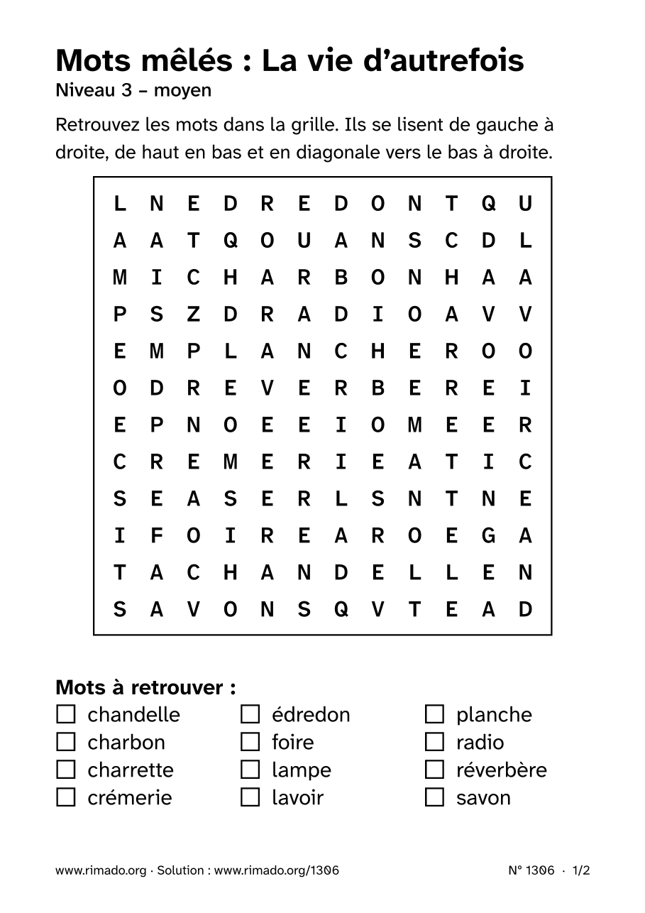Aperçu de la feuille imprimée : Mots mêlés « La vie d’autrefois », nº 1306