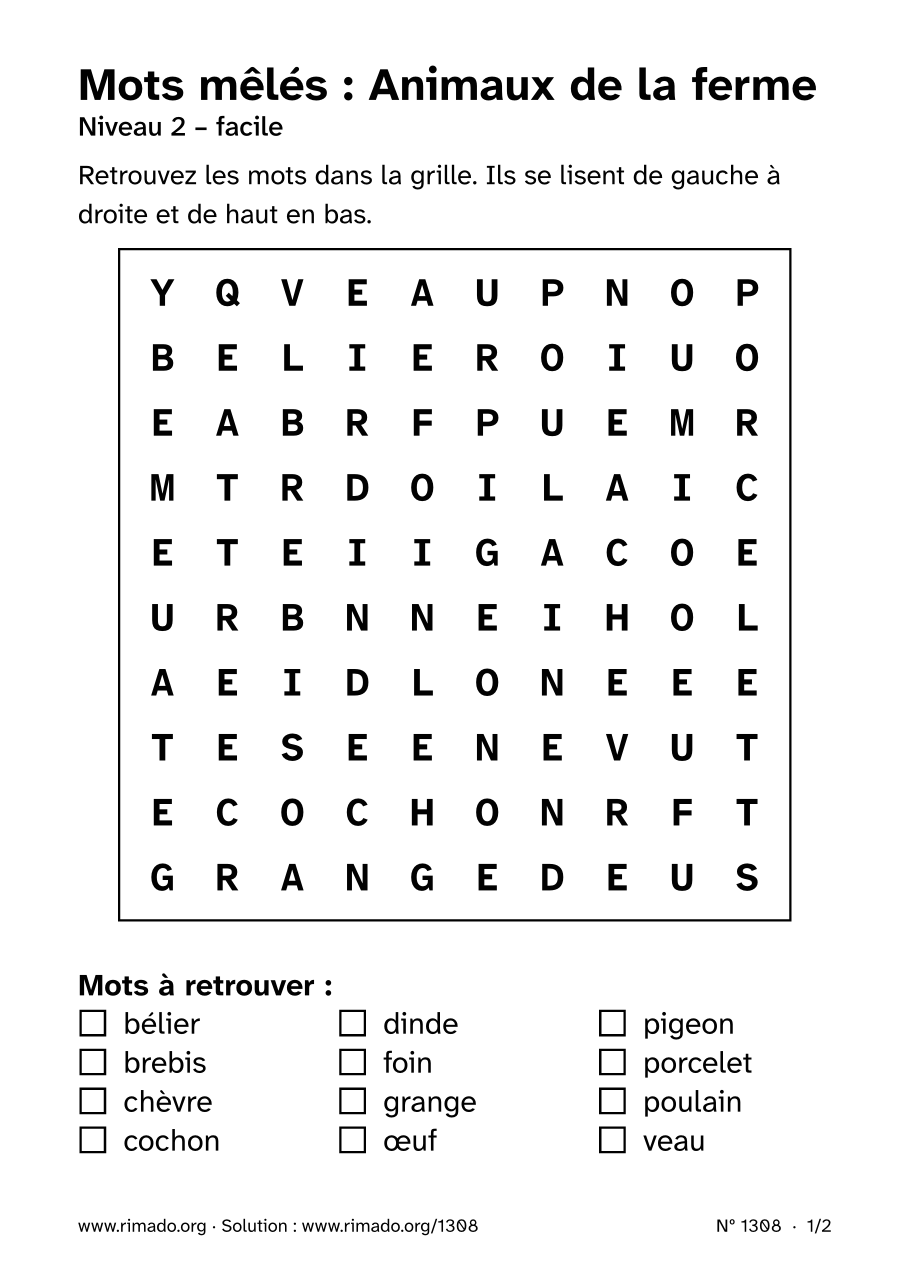 Aperçu de la feuille imprimée : Mots mêlés « Animaux de la ferme », nº 1308
