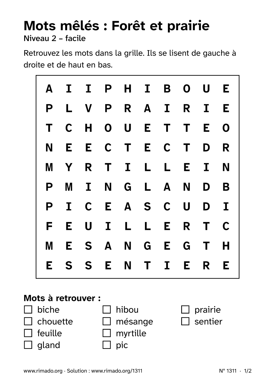 Aperçu de la feuille imprimée : Mots mêlés « Forêt et prairie », nº 1311