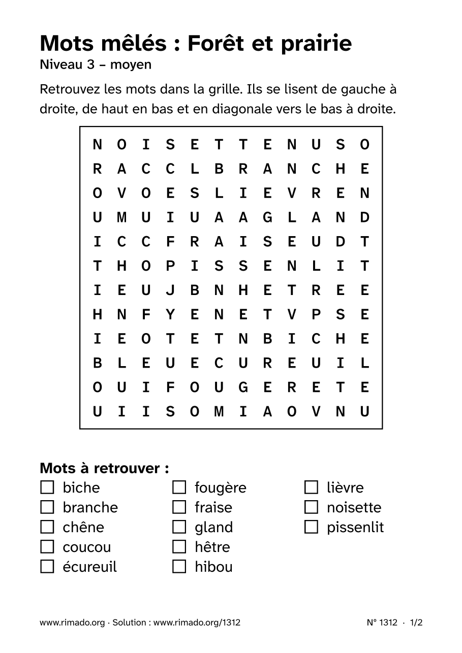 Aperçu de la feuille imprimée : Mots mêlés « Forêt et prairie », nº 1312