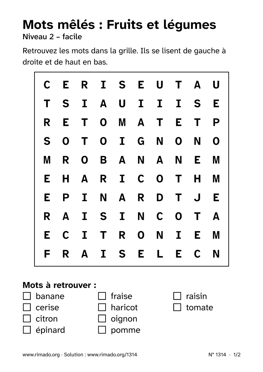 Aperçu de la feuille imprimée : Mots mêlés « Fruits et légumes », nº 1314