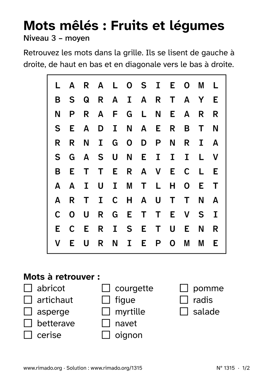 Aperçu de la feuille imprimée : Mots mêlés « Fruits et légumes », nº 1315