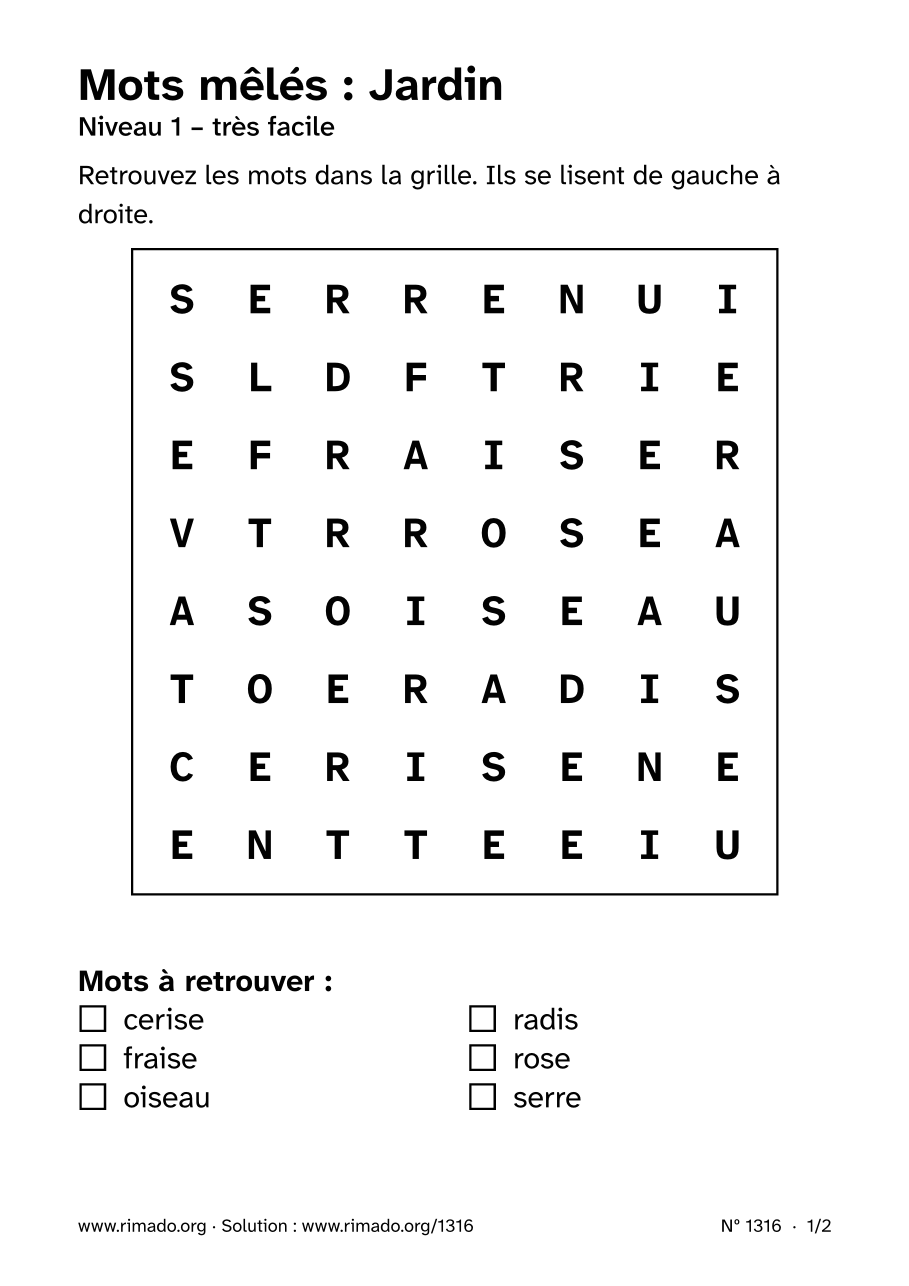 Aperçu de la feuille imprimée : Mots mêlés « Jardin », nº 1316