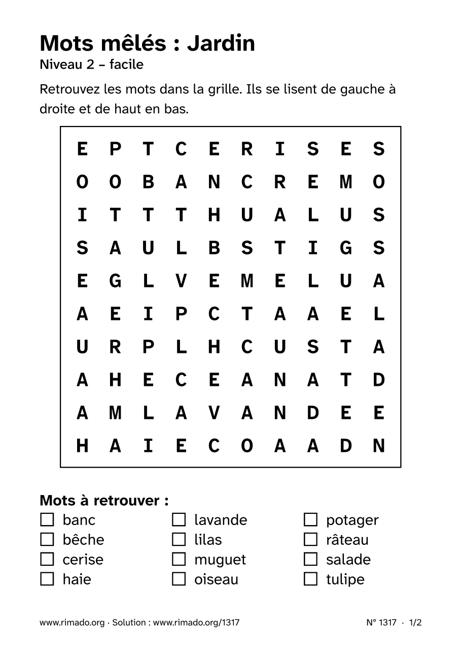 Aperçu de la feuille imprimée : Mots mêlés « Jardin », nº 1317