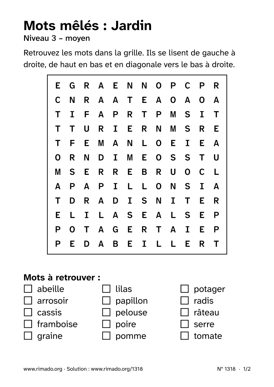 Aperçu de la feuille imprimée : Mots mêlés « Jardin », nº 1318