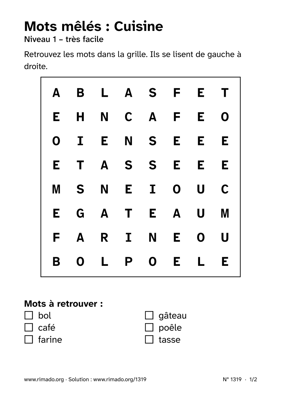 Aperçu de la feuille imprimée : Mots mêlés « Cuisine », nº 1319