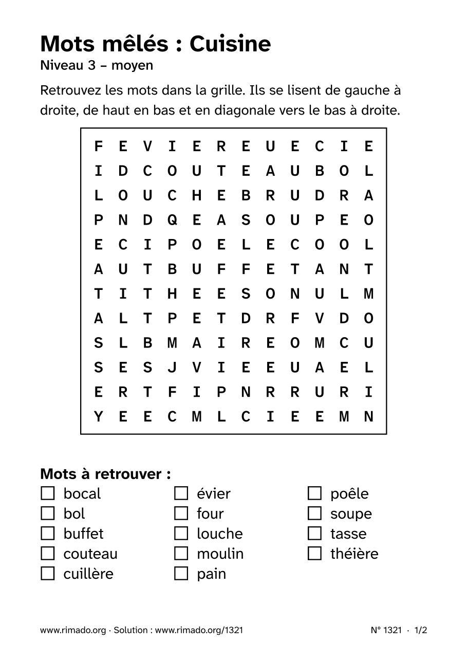 Aperçu de la feuille imprimée : Mots mêlés « Cuisine », nº 1321