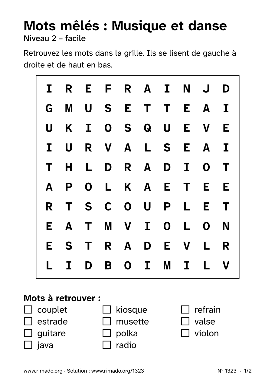 Aperçu de la feuille imprimée : Mots mêlés « Musique et danse », nº 1323