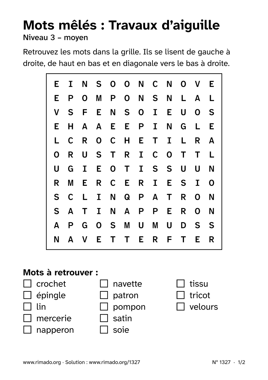 Aperçu de la feuille imprimée : Mots mêlés « Travaux d’aiguille », nº 1327