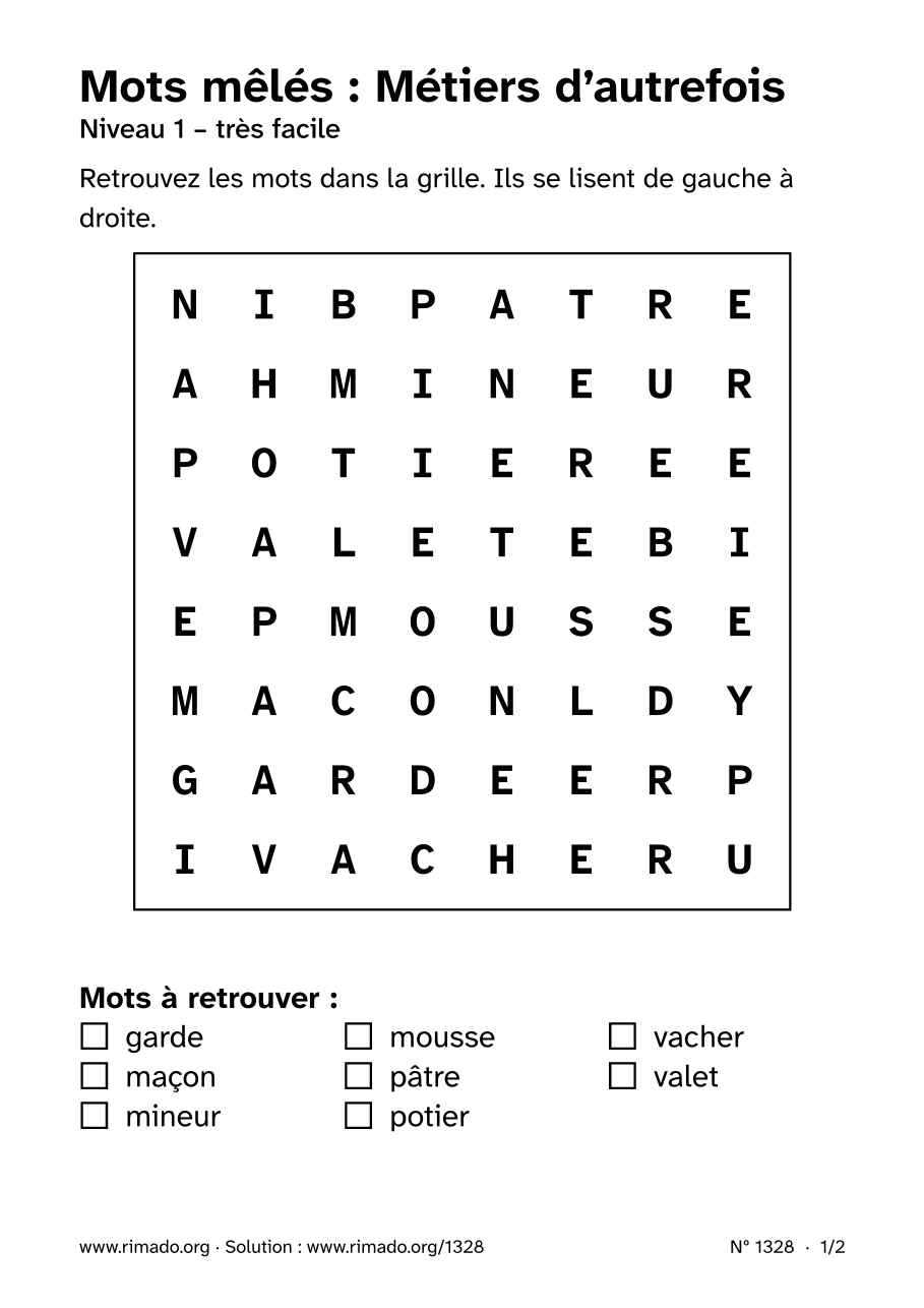 Aperçu de la feuille imprimée : Mots mêlés « Métiers d’autrefois », nº 1328