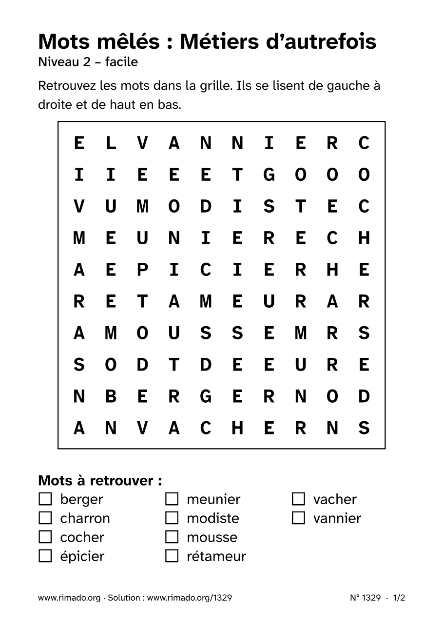 Aperçu de la feuille imprimée : Mots mêlés « Métiers d’autrefois », nº 1329