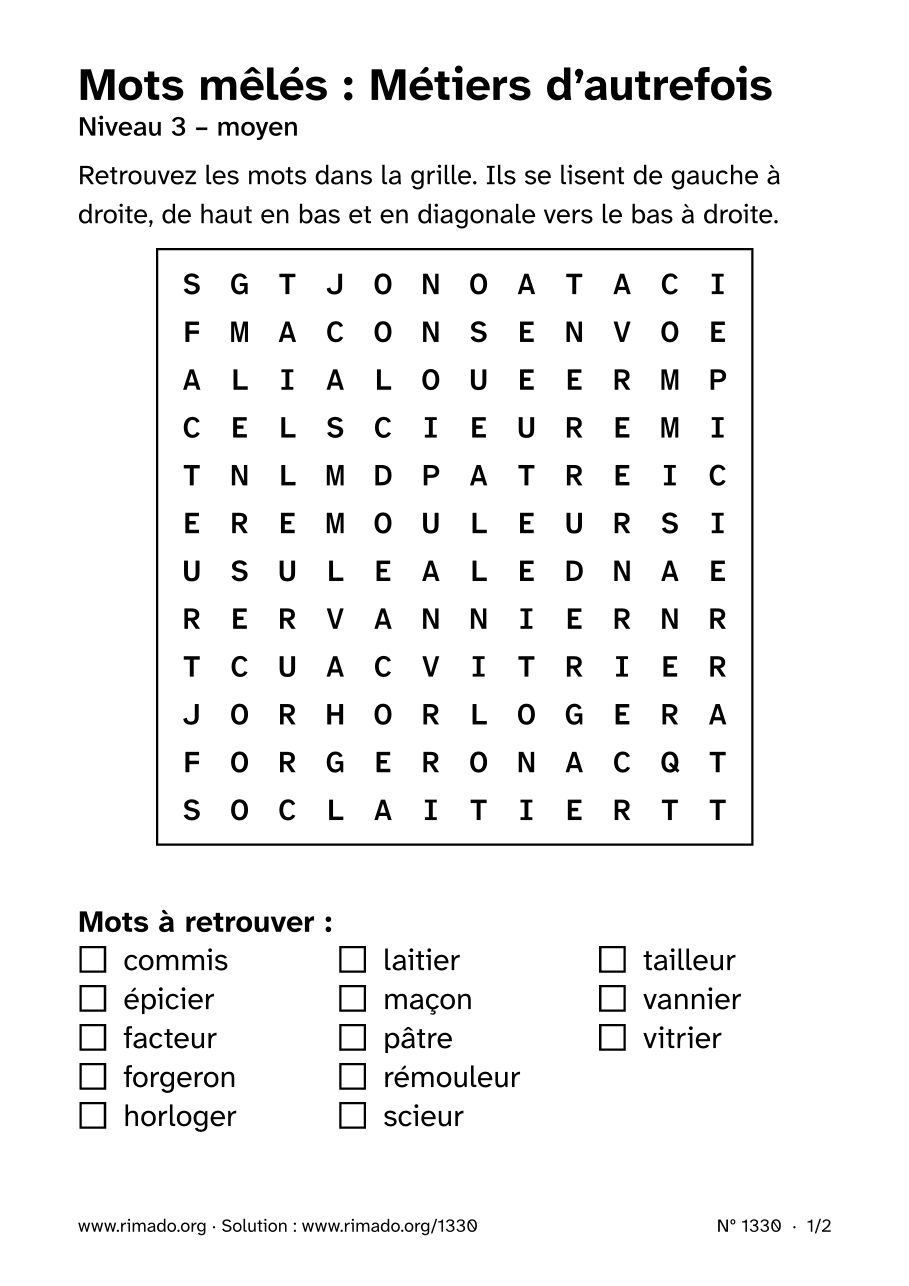Aperçu de la feuille imprimée : Mots mêlés « Métiers d’autrefois », nº 1330