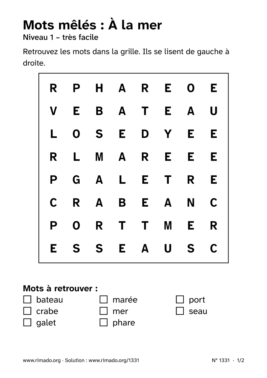 Aperçu de la feuille imprimée : Mots mêlés « À la mer », nº 1331