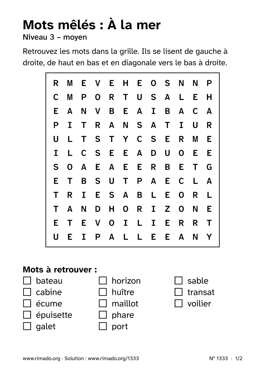 Aperçu de la feuille imprimée : Mots mêlés « À la mer », nº 1333