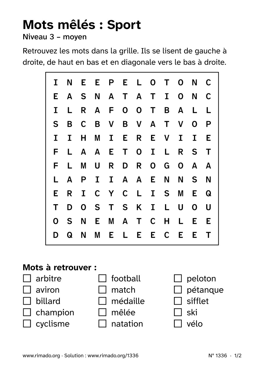 Aperçu de la feuille imprimée : Mots mêlés « Sport », nº 1336