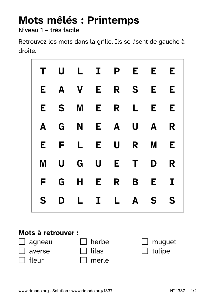 Aperçu de la feuille imprimée : Mots mêlés « Printemps », nº 1337